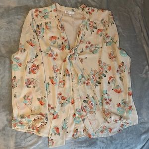 DR2 Floral Tie-Neck Blouse in Cream with Coral and Aqua Flowers